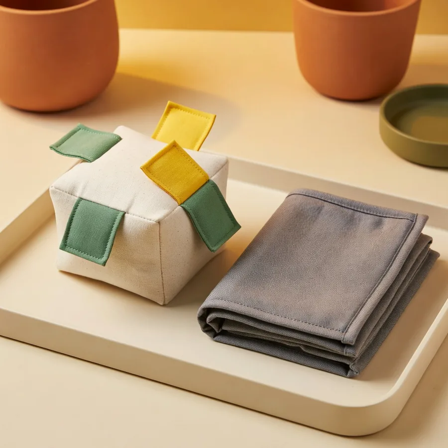 Small cotton snuffle box with yellow and green flaps beside a folded gray Oxford mat