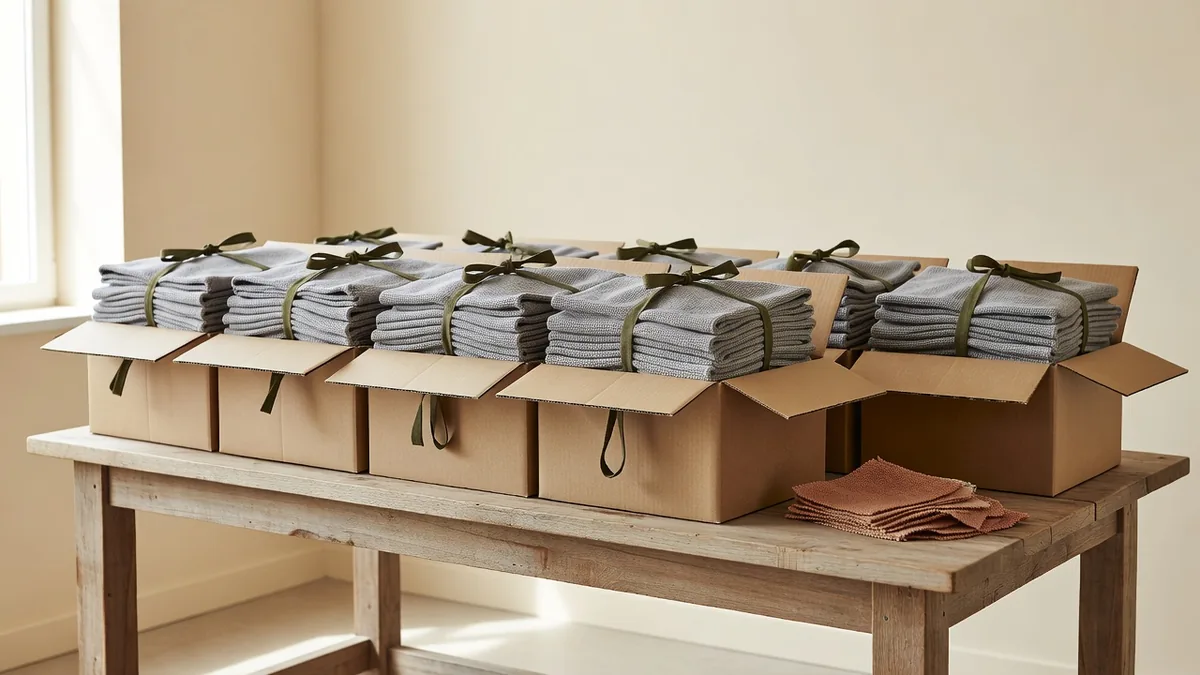 Folded gray Oxford snuffle mats stacked in open kraft cartons on a wooden packing table