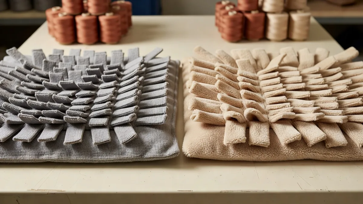Gray Oxford snuffle mat beside a beige fleece mat and a small snuffle box on a cream sampling desk