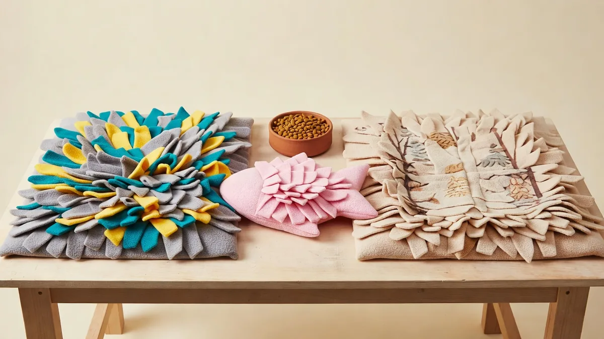 Fleece snuffle mat in gray, teal, and yellow on a cream sampling desk