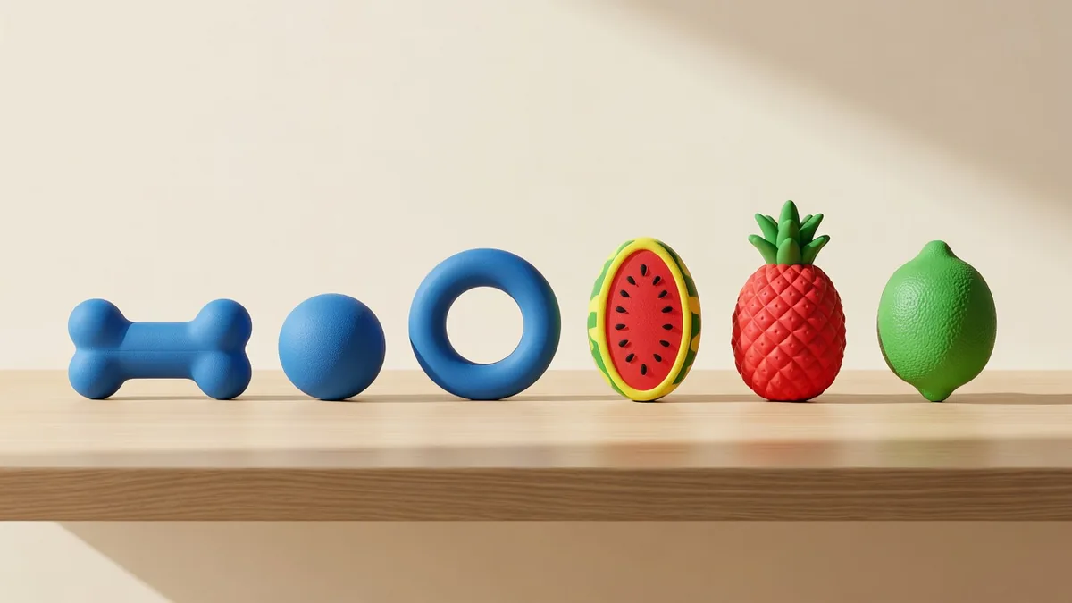 Blue TPR bone, ball, and ring next to yellow, red, and green fruit-shaped water fill toys on a sampling desk