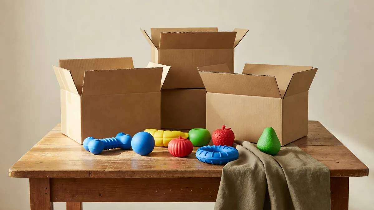 Blue TPR water toys and fruit-shaped pieces set out in front of open kraft cartons