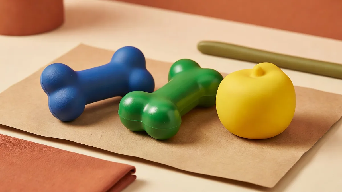 Hands comparing a blue TPR water bone with a green coated nylon bone and a fruit-shaped TPR piece