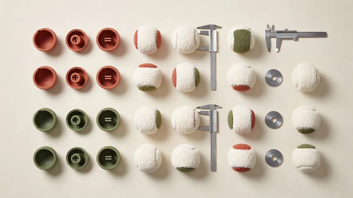 Squeaky ball materials flatlay with rubber TPR shells, fabric tennis covers, plastic reed squeakers, and size gauges