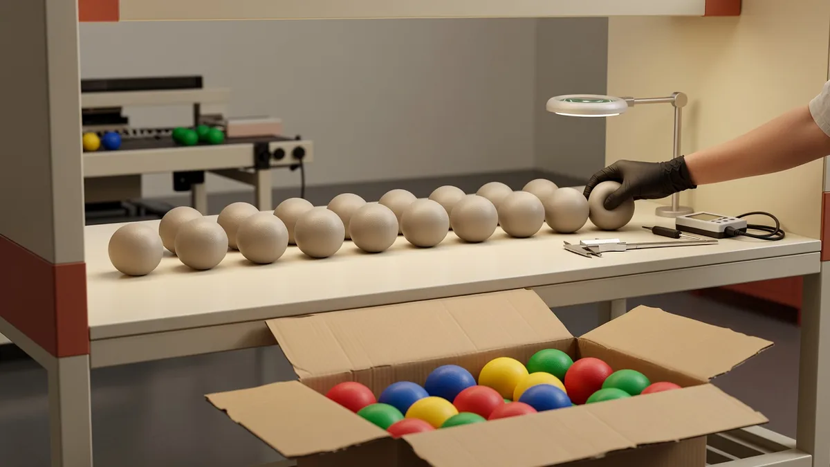 QC bench for bulk squeaky dog balls with squeak test, wall check, and carton pack-out
