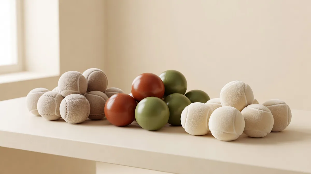 Assorted squeaky balls for dogs on a warm cream B2B sampling desk for bulk size and color review
