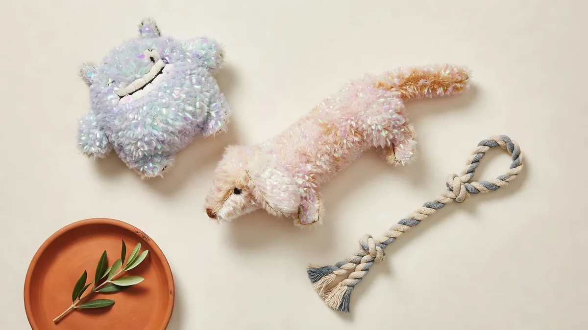 Monster Series plush beside an animal trio and a linen-nylon tug for assortment planning