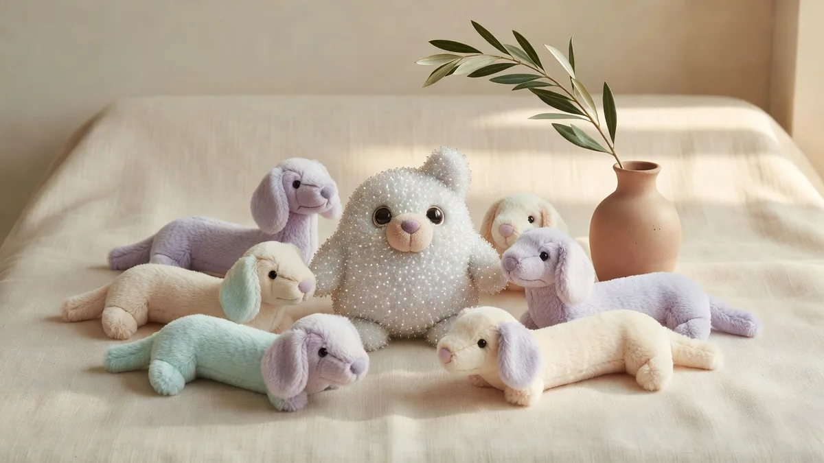 Crystal plush dog toys from Studio Warmth arranged as a wholesale gift assortment
