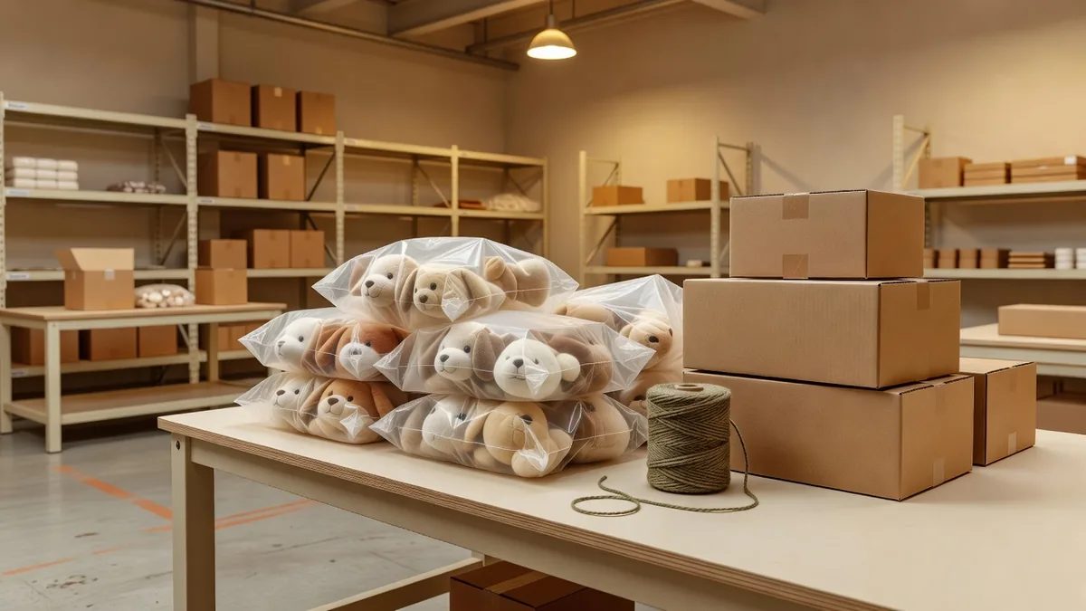 Plain polybags and kraft cartons of plush dog toys at a pack-out bench with no printed claims