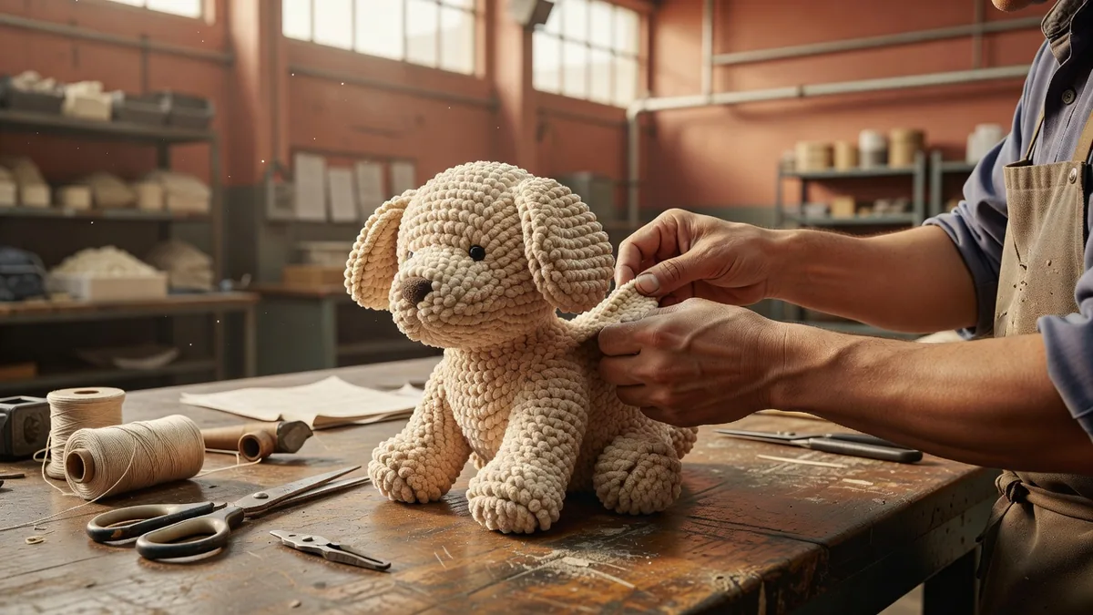 Hands checking a plush seam on a warm factory bench during toy sustainability testing