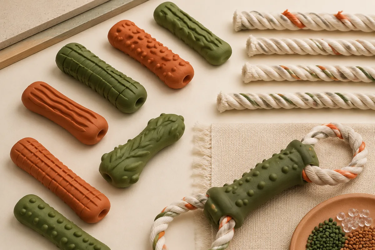 TPR molded chew bodies next to cotton rope lengths and finished hybrid dog toys on a warm cream sampling desk
