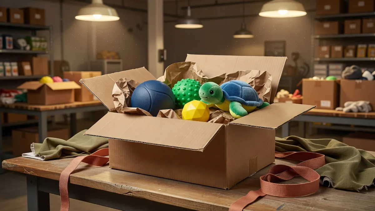 Open export carton with a navy ball, a green treat ball, a small yellow TPR ball, and a plush turtle separated by kraft paper