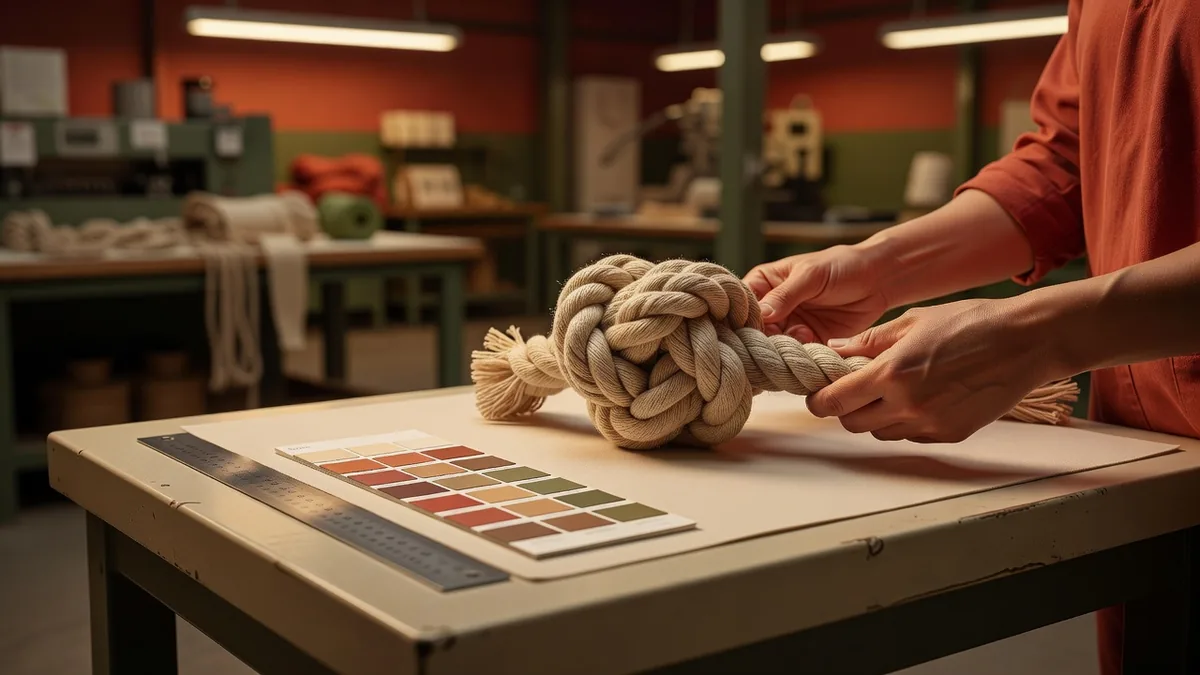 Knot inspection of a linen and nylon dog tug during a private label quality check