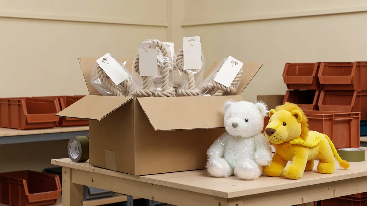 Beige tug toys, a plush bear, and a yellow lion packed for a private label first carton