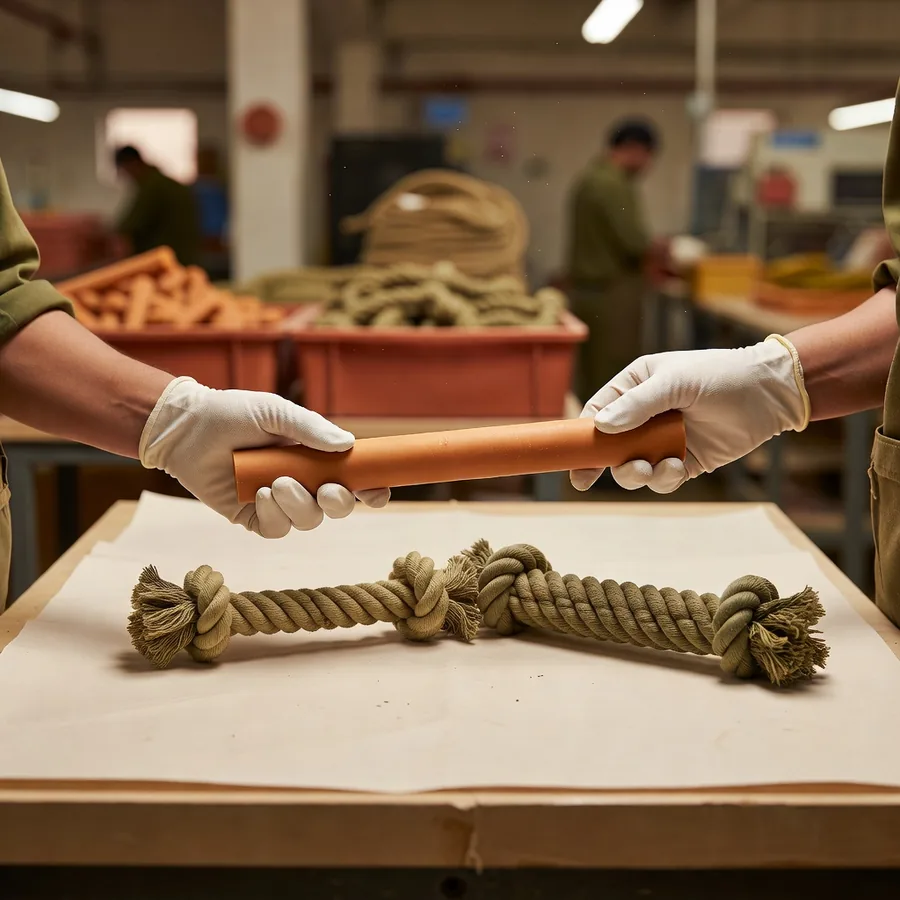 Gloved hands comparing a long TPR chew, a rope knot, and a nylon rope stick on a QC table