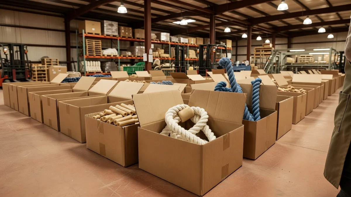 Kraft bins holding small TPR sticks, a cotton rope knot, and a blue nylon rope stick