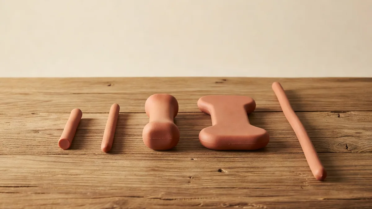 Five unbranded TPR chew sticks in different lengths and widths on a sampling table