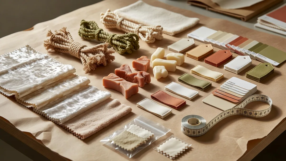 Materials and QC flatlay for wholesale pet supplies low MOQ: plush swatches, rope, TPR samples, hangtags, color chips