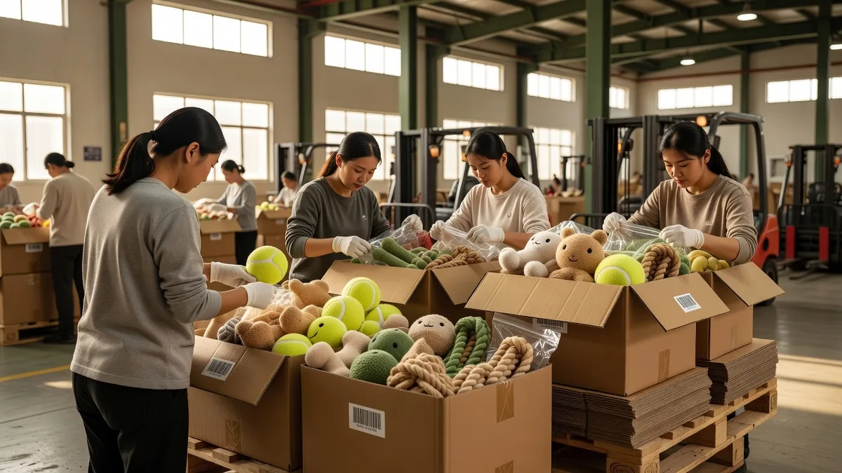 Factory pack-out of low MOQ wholesale pet supplies into master cartons with sealed polybags and barcode stickers