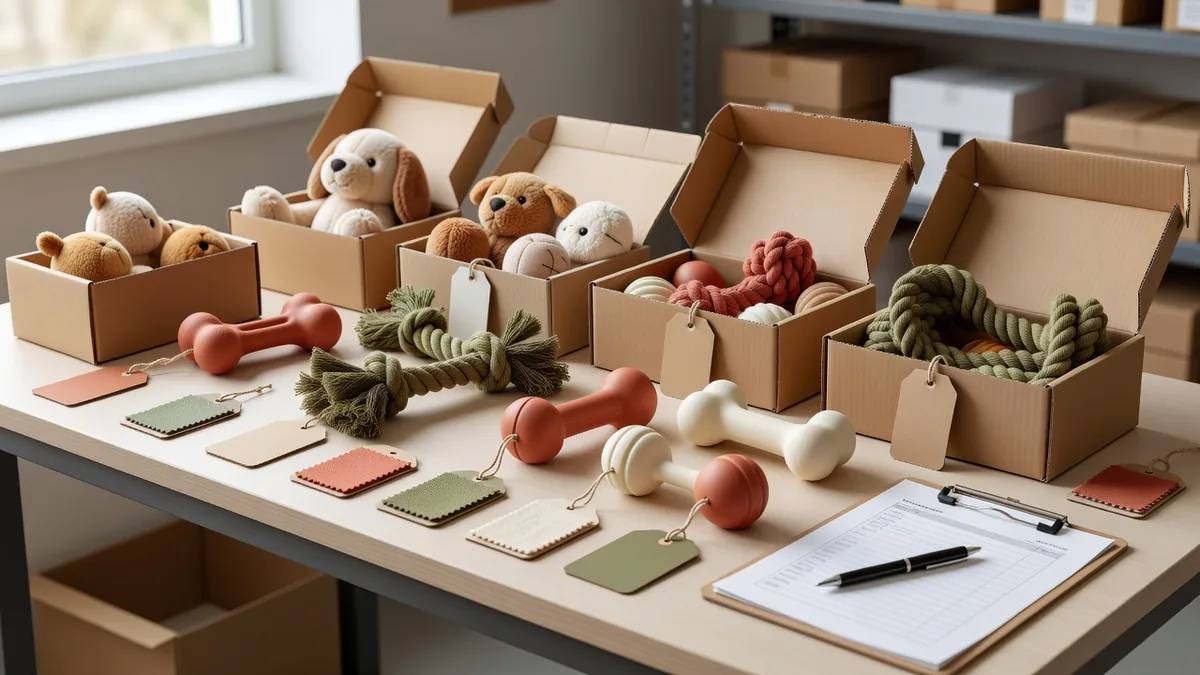 Wholesale pet supplies low MOQ sampling desk with open cartons, plush toys, rope toys, and buyer packing list