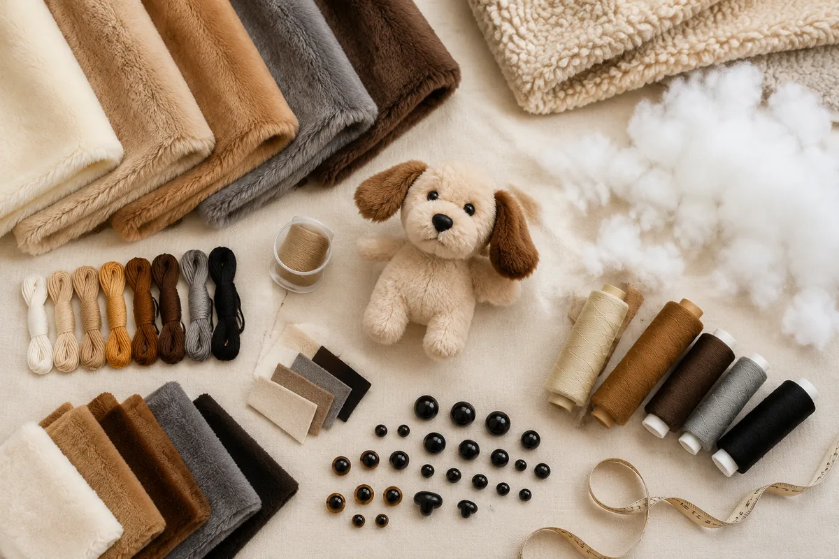 Wholesale plush dog toys factory materials flatlay with short pile fabric, sherpa, fiberfill, embroidery thread, locking eyes, and woven labels for buyer RFQs