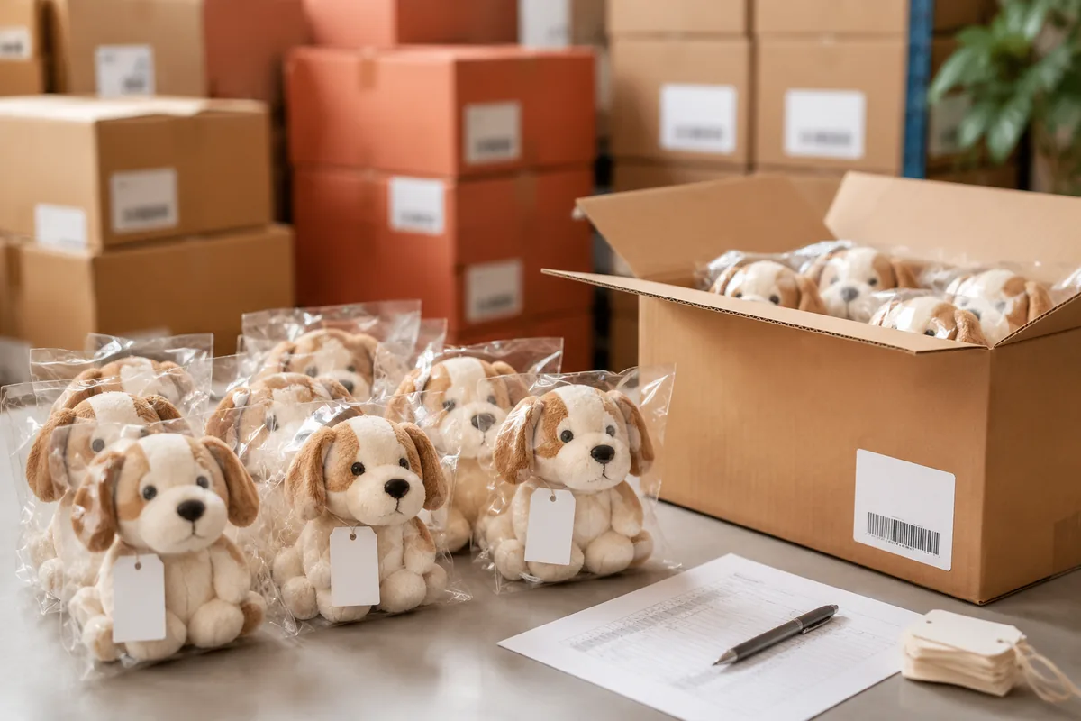 Wholesale plush dog toys polybagged with hangtags next to open master carton for export packing in a China factory