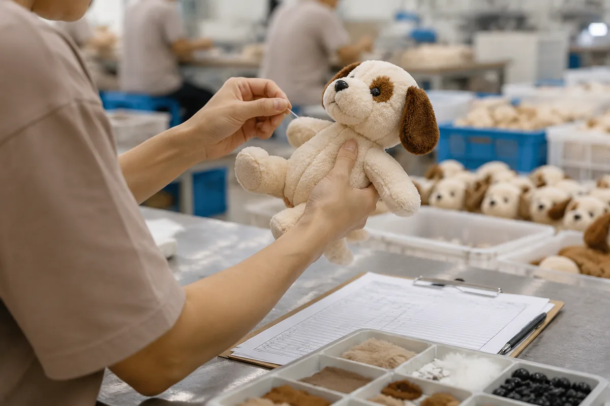 Quality control inspector checking seam strength on a plush dog toy in a wholesale China factory sewing workshop with AQL tray