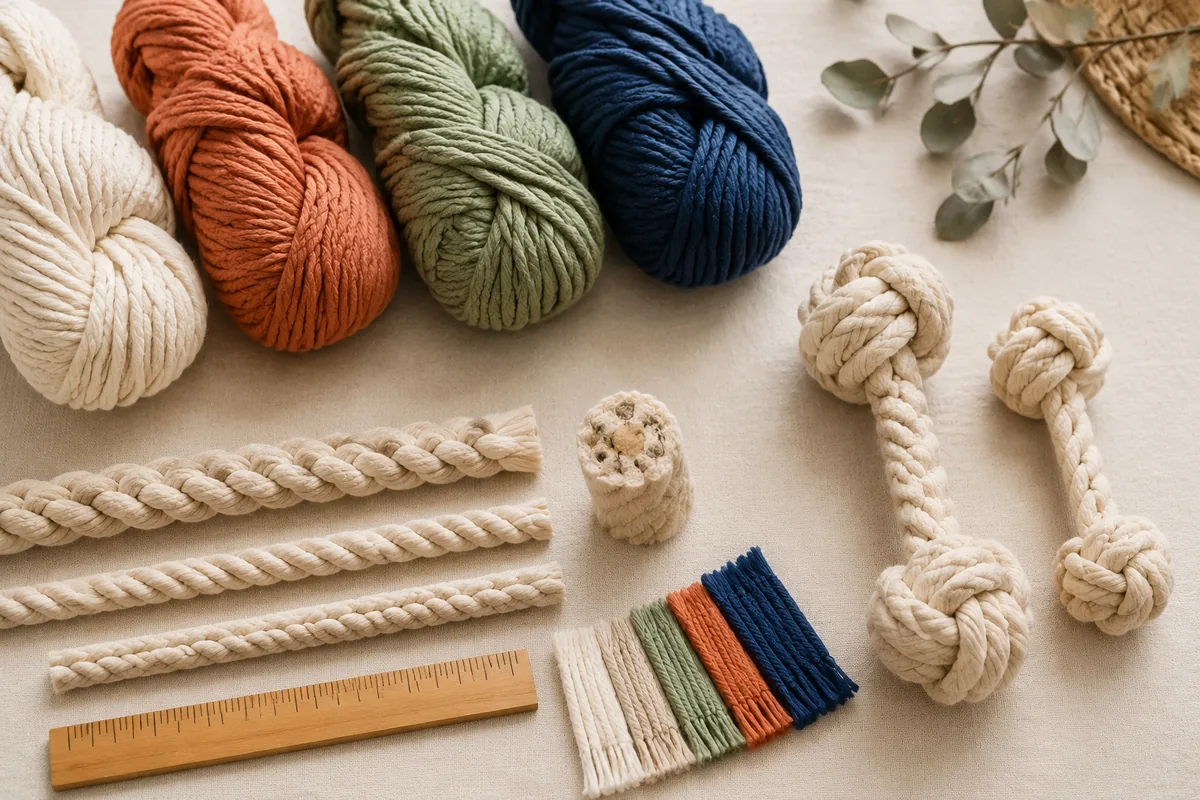 Wholesale rope dog chew toy materials and assortment flatlay for bulk MOQ buyer RFQs