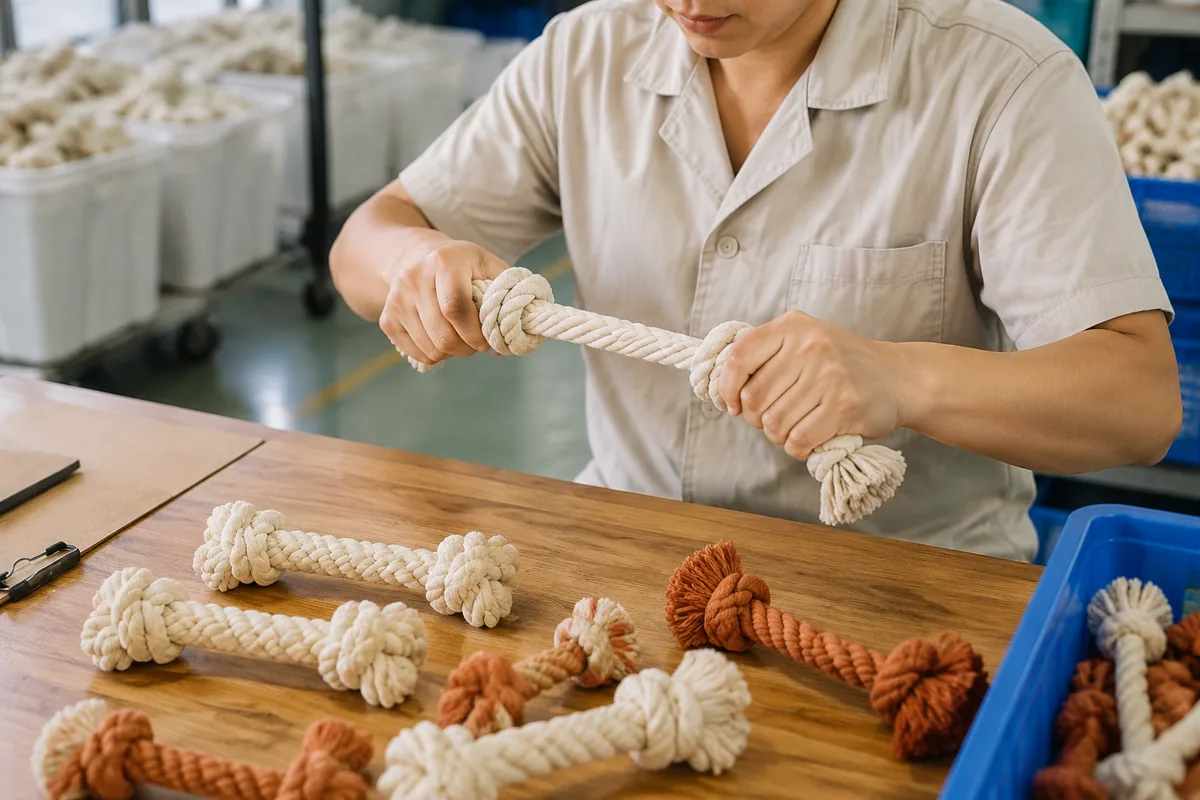 Quality control tug inspection on wholesale rope dog chew toys in a factory workshop